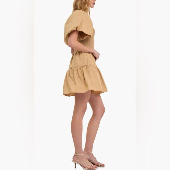 Endless Rose Mixed Media Puff Sleeve Tiered Mini Dress Tan S NWT - Picture 5 of 13
